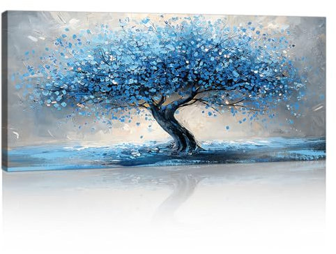 Groß Leinwandbilder Wandbilder Mit Rahmen, Moderne Blau Grau Blüte Bäume Wand Bilder Natur Bäume Landschaft Wandbild Kunstdruck Deko Gemälde für Wohnzimmer Schlafzimmer fertig zum Aufhängen 120x50cm