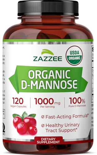Zazzee USDA Organic D-Mannose, 1000 mg Per Serving, 120 Vegan Capsules, 2 Month Supply, Non-GMO, Urinary Tract & Bladder Support, Potent & Fast-Acting, Lab Tested for Quality & Purity, Made in USA
