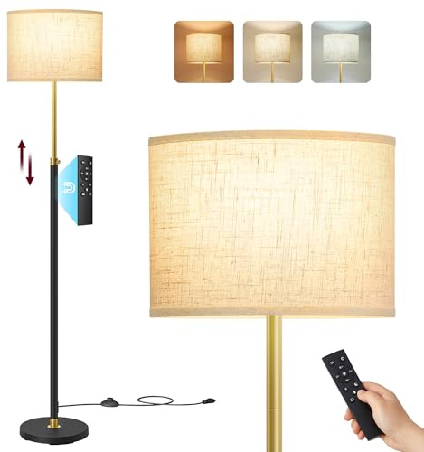 VASAGLE Lampada da Terra, Lampada da Lettura, Altezza 140-170 cm, Piantana Moderna, Interruttore a Pedale, Paralume in Tessuto, Attacco E27, Telecomando, Funzione Memoria, Colore Oro e Nero LFL005BD02