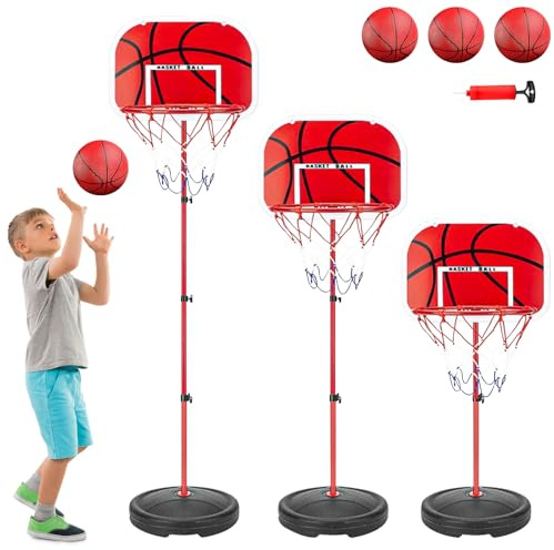 JOTOL Canestro Basket Bambini con Supporto,Include 3 Palle,2 Rete,Pompa,50-150 cm,Regolabile in Altezza,Canestro da Basket da Esterno e da Interno per Bambini dai 2 ai 6 Anni