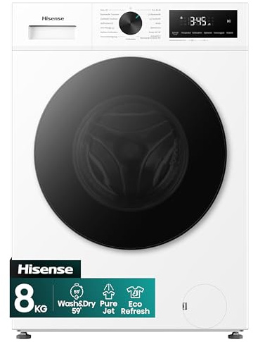 Hisense WD1I8042BWP2 Lavasciuga 8+5kg, Bianco, 1400 rpm, 15 Programmi automatici, Vapore, Inverter, Auto Dry, Wash&Dry 59', Classe Energetica A-30%, Display LED Touch