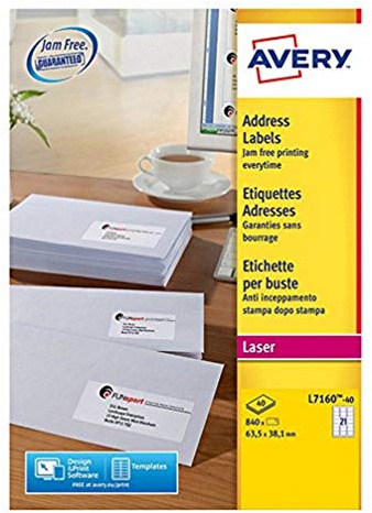 Avery Étiquettes Autocollantes Blanches, 840 Pièces, L7160-40, 63,5 x 38,1 mm, Papier A4, Feuille A4, Pour Imprimantes Laser, Anti-Bourrage, FSC Certifiées, Pour adressage et expédition