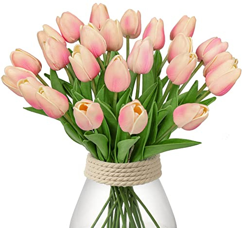 24 Pink Tulips - Artificial Flowers - 13.5 Faux Tulips for Mother's Day, Vase, Centerpieces, Home, Wedding Bouquet