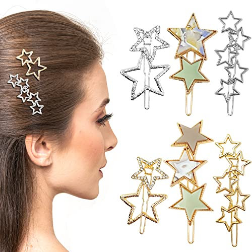 6 Stück Stern-Haarspangen, elegante Strass-Vintage-Cluster-Stern-Metall-Haarnadel,rutschfest,hohl,massiv,gemustert,geometrische Haarspangen für Frauen und Mädchen,Haarstyling-Accessoires, Gold/Silber