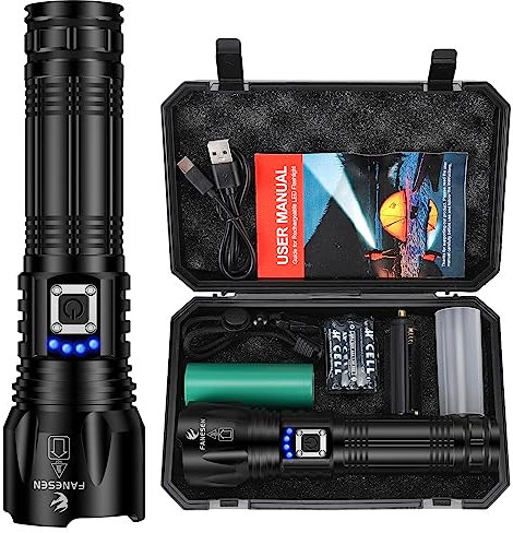 Fanesen Torcia LED Potente Professionale, 500000 Lumen XHP70.2 Ricaricabile Torce Led Alta Potenza, Torcia Tattica Militare, IP67 Impermeabile flashlight per Campeggio Trekking Emergenza