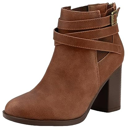 DREAM PAIRS Women's Chunky High Heel Ankle Boots Close Toe Fall Heeled Booties Shoes,Size 9.5,Brown-Pu,CHICAGO-03