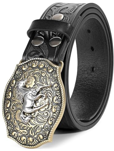 BELTROAD Cintura con fibbia in pelle occidentale per uomo donna cowboy cowgirl cintura in pelle per jeans cintura da uomo di Natale regali, 01-nero (fibbia cavallo), for Wasit 31-34