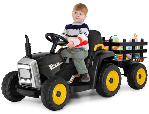 Goplus Elektrisk traktor med släp för barn, 3-växlat 12 V-elfordon med fjärrkontroll, elbil med LED-ljus, musik och Bluetooth, 30 kg belastningskapacitet, från 3 år (svart)