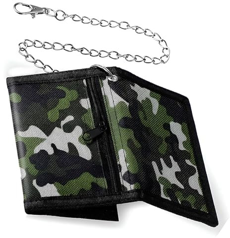 Haierdidi Slim Geldbeutel für Kinder und Jugendliche - Faltbare Dreifache Portemonnaie Mit Kette Clip - Geldbörse für Jungen und Teenager - Camo Grün