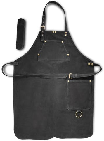 Angus Stoke Lederschürze schwarz, Original Büffel-Leder Grillschürze – Herren & Damen Schürze – BBQ, Barista & Kochschürze Henry (Schwarz)
