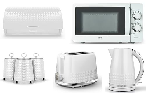 Tower Solitaire White 1.5L 3KW Jug Kettle, 2 Slice Toaster, T24042WHT 800W 20L Manual Microwave, Bread Bin & Canisters. Matching Contemporary Design Kitchen Set of 7 in White