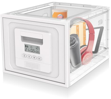 Helmsyde Lockable Storage Box with Timer, Timed Combination Storage Boxes Clear Storage Bin Organiser Container Large Lock Box Battery Operated with Screen for Food Medicine Tablet Phone Jail