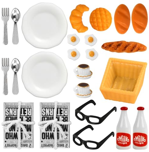 Cibo e Bevande Miniatura, Cibo in Miniatura per Bambole, Alimenti in Miniatura, Mini Cibo Set, 1:12 Accessori da Cucina in Miniatura, Stoviglie in Miniatura Pane Occhiali Miniature Giornale