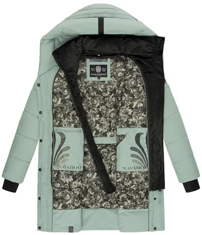 Navahoo Damen Wintermantel Warmer Steppmantel lang mit Kapuze und abnehmbarem Fleece-Kragen Knutschilein Smokey Mint Gr. L