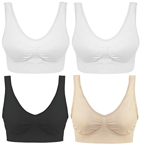 Boolavard Women's Seamless Sports Bra Wire Free Comfort Workout Yoga Bras Pack of 4 (UK, Alpha, M, Regular, Regular, 3 Colour Set + Free White Bra)