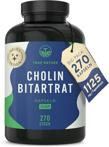 Cholin Bitartrat Kapseln - 1125mg pro Portion - 270 Kapseln - hochdosiert - 3 Monate Vorrat - Für Leber, Homocystein & Fettstoffwechsel (EFSA)* - Vegan, Deutsche Produktion - TRUE NATURE®