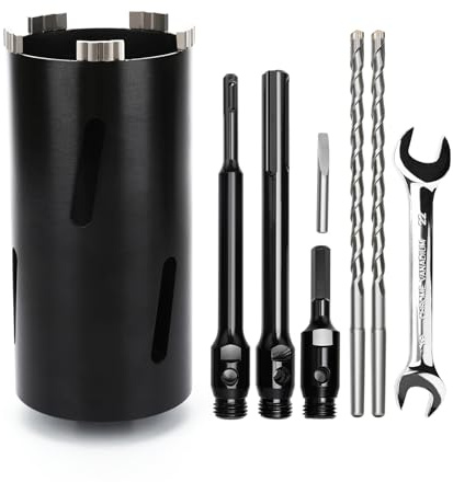 Corona de perforación de 102 mm, longitud útil de 200 mm con vástago SDS Plus de 220 mm, SDS max 220 mm, vástago hexagonal de 110 mm, broca de centrado de 10x240 mm, para mampostería