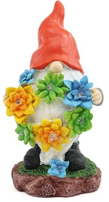 Solar Gonk Garden Ornament with LED Lights – Pack of 1 - 21cm/8.1 inch Outdoor Gnome Statue with Succulent Plant, Decorative Figurine for Patio, Balcony, Yard, Lawn – Unique Housewarming Gift