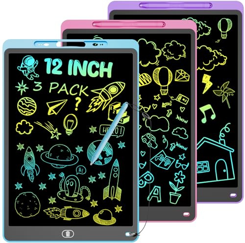 3 Packs 12 Inch Drawing Tablet for Kids, Electight Colorful LCD Writing Board Toys for Boys Girls, Erasable Drawing Pad Learning Educational Gifts for 3 4 5 6 7 Years Old, Blue Pink Purple