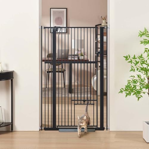 unipaws Säkerhetsgrind extra hög 142 cm med lucka, för hundar och katter, bredd 79–95 cm, tryckfäste utan borrning, för trappa eller dörr, automatisk stängning, svart