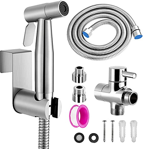 Douchette Toilette, WC Kit Complet,Kit WC, Pulvérisateur Pour l'hygiène Personnelle Quotidienne, Pomme de Douche Toilette avec Tuyau, Adaptateurs G1/2' et G3/8', Argent