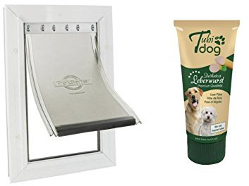 Hundetür sicher und leise Hundeklappe 70x40 cm(Innenmaße 64x36cm) weiß mit Aluminium-Rahmen und 2-Wege-Schloss für große Hunde bis 100kg Durchgang-Schulterbreite max. 35cm Marken-Sicherheitstür Metall-Tür-Klappe Staywell 660 mit Leberwurst oder Lachscreme Leckerlie zum Üben Training Hundetraining
