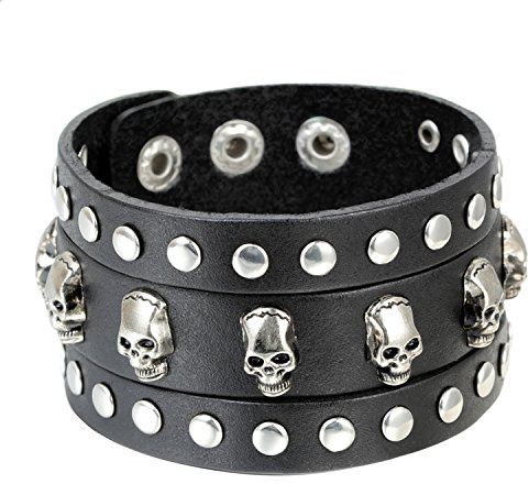 Cupimatch Unisex Gothic Skull Rivet Black Wide Leather Bracelet Cuff Bangle with Adjustable Snap Button for Men Women (1 pcs black)