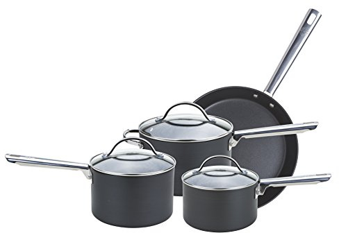 Anolon Professional Pots and Pans Set - 4 Piece Non Stick Pan Set with Glass Lids, Durable Stainless Steel Handles, Metal Utensil Safe Saucepans & Frying Pan Set, Black