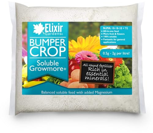 Elixir Gardens | Bumper Crop - Soluble Growmore | 18:18:18 Complete Feed Fertiliser | Supplied in a bag or re-sealable tub | Quantities available from 1kg to 20kg | (1kg Polythene Bag)