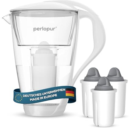 GLAS-Wasserfilter PearlCo (weiß) mit 3 Protect+ classic Filterkartuschen (f. hartes Wasser) - Made in EU