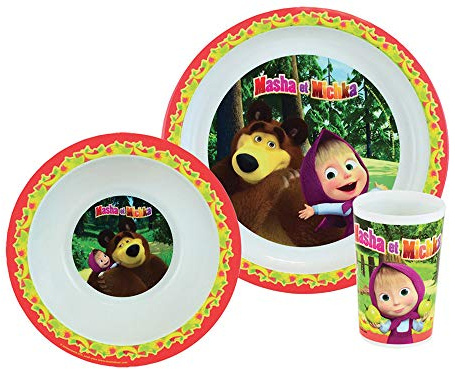 005844 MASHA E MICHKA - Set da pranzo composto da piatto, ciotola e bicchiere per bambini