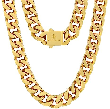 KRKC&CO 14mm Panzerkette, 18K Gold plattiert Cuban Link Chain, Edelstahl Panzerkette Herren Gold Kubanische Gliederkette, Herren Goldketten Hip Hop Kette für Männer Jungen Größe 56cm