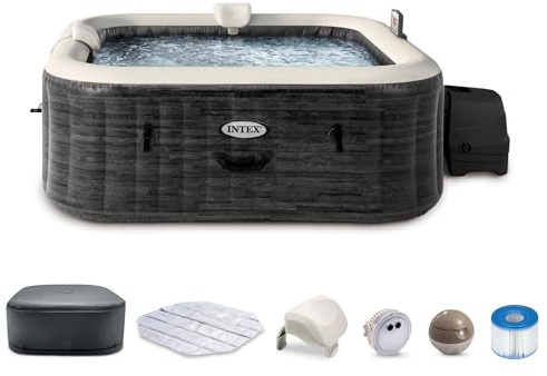 INTEX PureSpa Greystone Deluxe 6 Person Square Inflatable Hot Tub, Bubble Massage Spa Set with Energy Efficient Cover, 2 Headrests, & LED Light, 77 in x 28 in