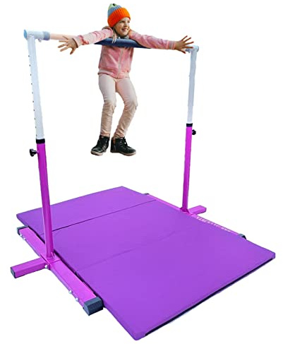 Professional Gymnastics Bar Kip Bar with 6'x4' Tumble Mat Set for Kids/Adults, 3 to 5 FT Adjustable Height Horizontal Bar, Junior Gymnast Gymnastic Bar Home Gym Expandable Asymmetric Bar Purple