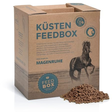 STRÖH Magenruhe Pferd (12kg Feedbox) • Für Pferde Magen, Darm & Verdauung • Ergänzungsfutter mit Bierhefe, Sanddorn, Leinkuchen, Leinöl • Dopingfrei • Plastikfrei verpackt