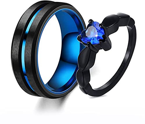 Wycian Verlobungsringe Titan Paar, Freundschaftsringe Herz Ring Saphir Trauringe Schwarz Blau Fingerringe Set 2er 6mm 8mm Herrenringe Edelstahl Paarringe
