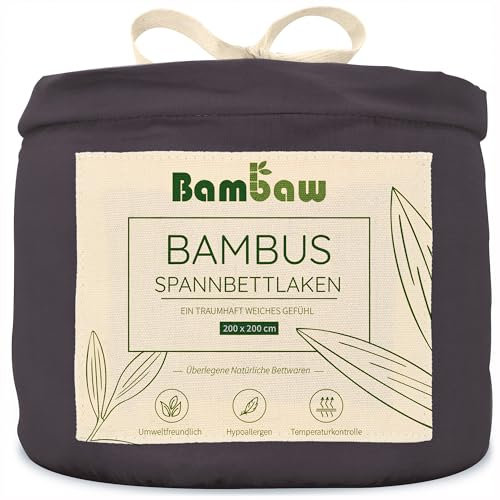 Bambaw Spannbettlaken Bambus 200x200 cm, 35cm Steghöhe, weiche und hypoallergene Bettwäsche, atmungsaktives Bettlaken Bambus, nachhaltiges Spannbetttuch 200x200 cm (Anthrazit)