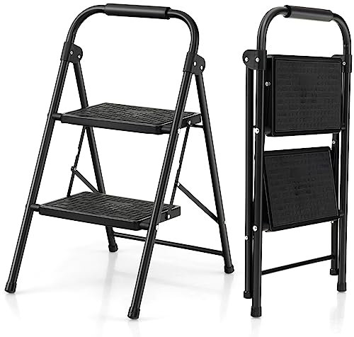 GOPLUS stegstege i två nivåer, vikbar ståstege upp till 150 kg, med halkfria breda pedaler och bekvämt handtag, bärbara stegar för hem och kontor, svart