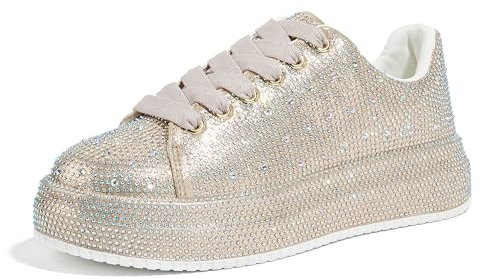 LUCKY STEP Rhinestone Sneakers for Women Platform Sparkly Glitter Bling Tennis Shoes Fashion Bedazzled Wedding Bridal Party Walking Sneakers (Gold Rhinestone, 9US-40EU-7UK)