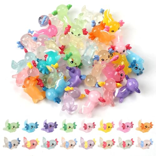 XIHIRCD 32 Piezas Mini Ajolotes de Resina, Brillan en la Oscuridad Pequeñas Figuras de Animales para Bricolaje Manualidades Jardín Paisaje Casa de Muñecas Plantas en Macetas Decoraciones (16 Colores)