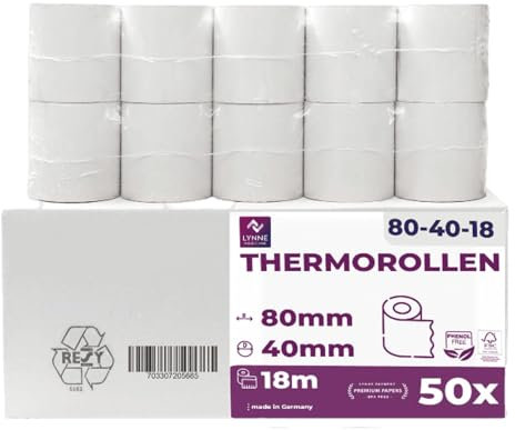 Thermorollen 80mm x 40mm x 12mm - Kassenrollen - Bonrollen für Registrierkasse mit Bondrucker - Thermopapier – BPA Frei (50 Rollen)