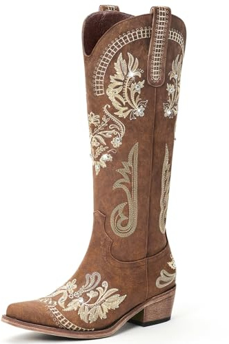 Lumeheel Brown Cowboy Boots for Women - Sparkly Rhinestone Retro Country Boots with Classic Embroidered, Pointed Toe Chunky Heel Pull on Vintage Tall Boots Size 8