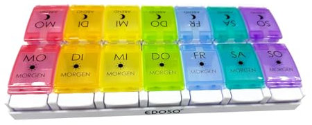 EDOSO Tablettenbox für 7 Tage | Pillendose 2 Behälter Morgen Abend | Knopfdruck-leichtes bequemes Öffnen | Medikamentenbox BPA-Frei | Farbige Behälter für leichte Tagerkennung | Tragbar und kompakt