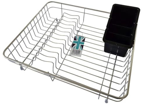 Delfinware Stainless Steel Dish Draining Rack with Black Cutlery Drainer (Large + Black Cutlery Drainer) 10.5 x 43.0 x 36.5cm approx