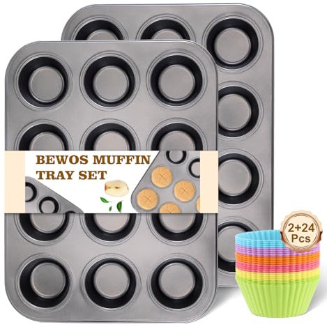 BEWOS 2 PCS Antihaft-Muffinblech für 12 Tassen, Muffinblech aus Kohlenstoffstahl mit 24 wiederverwendbaren Silikonbackformen, Spülmaschinenfest, Backformen für Muffins oder Cupcakes（Grau）