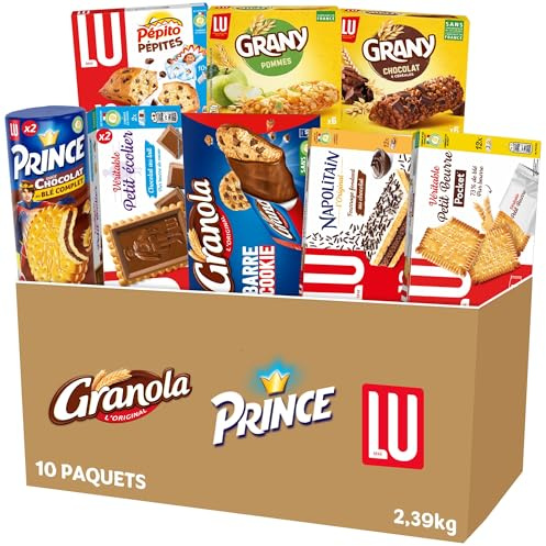 LU - La Boîte Plaisir - Lot de 10 Paquets : Pépito Choco Pépites, Napolitain, Véritable Petit Beurre, Granola Barre Cookie, Grany Pommes, Grany Chocolat, Prince x2, Petit Ecolier x2 - Lot de 2,39kg