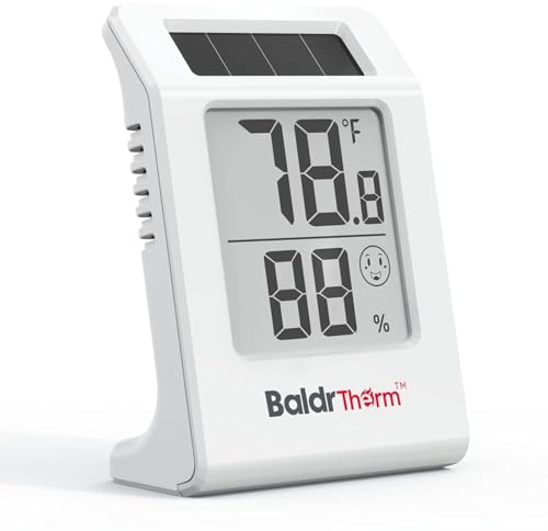 BaldrTherm 2.2'' Digital Thermometer and Hygrometer Meter, Solar-Powered Indoor Temperature Sensor Humidity Monitor, Humidity Gauge for Baby Rooms, Bedrooms, Home, Office, and Wine Cellars, 1Pack