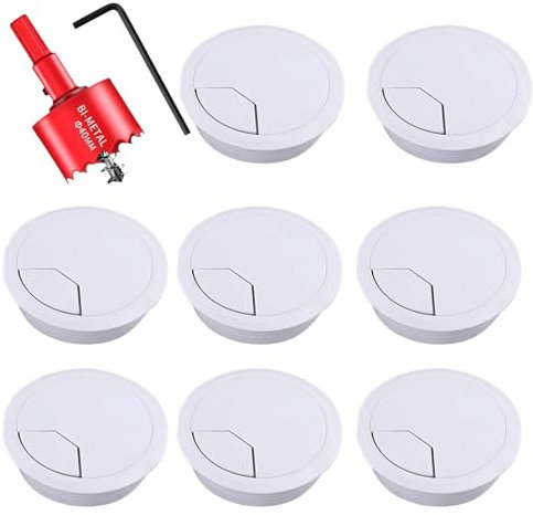 Lot de 8 passe-câbles avec scie cloche (60 mm), passe-câble, ouverture ronde pour table, bureau, plan de travail - Blanc
