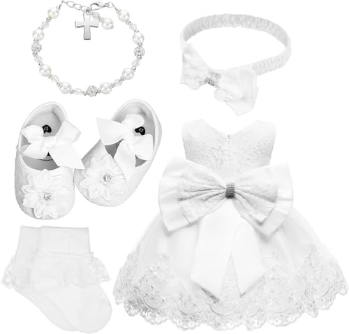 5 Pcs 6-12 Months Baby Girl Baptism Outfit Includes Lace Christening Dresses Bowknot Headwear Cross Charm Bracelet Socks Shoes