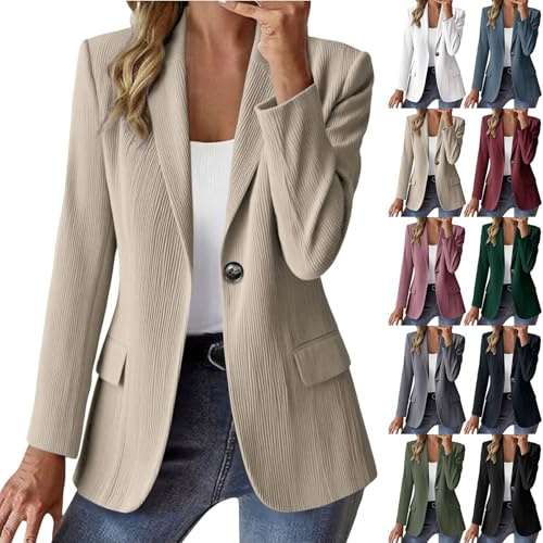 HUIFUAO Blazer in velluto a coste da donna nero scollo a V giacca da lavoro elegante casual cappotti a maniche lunghe con risvolto a 1 bottone aperto davanti capispalla